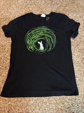 Black Graphic Tee with Green Rabbit Forest Print